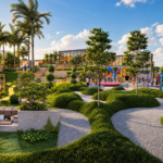 3D landscape visualization of a modern residential park with curved walking paths, playground area, palm trees, and lush greenery.