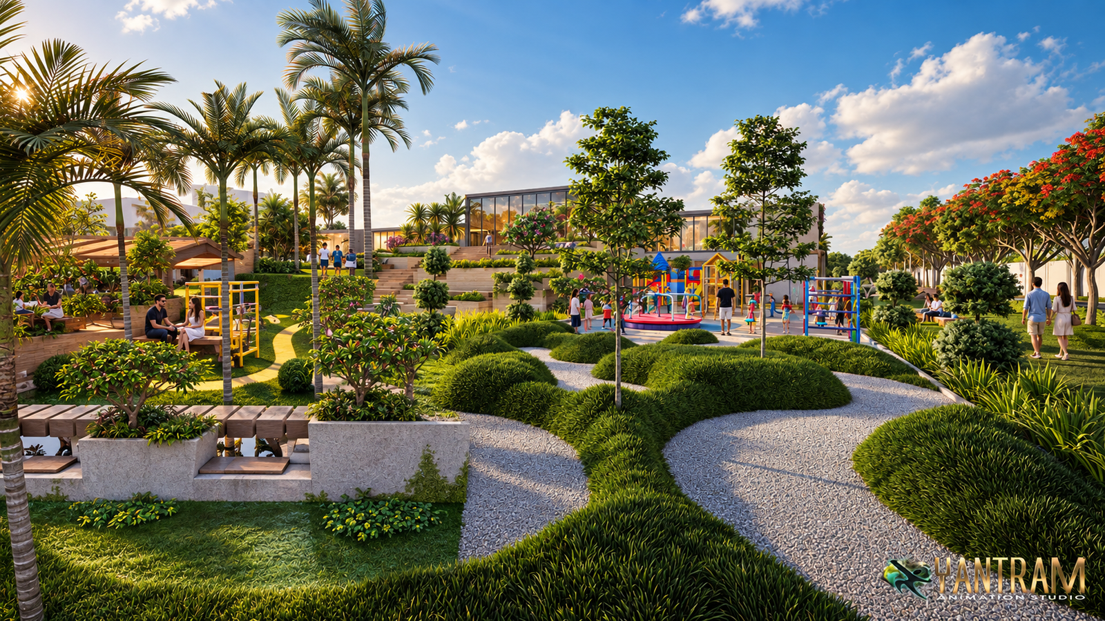 3D landscape visualization of a modern residential park with curved walking paths, playground area, palm trees, and lush greenery.– 3D architectural visualization by Yantram Studio