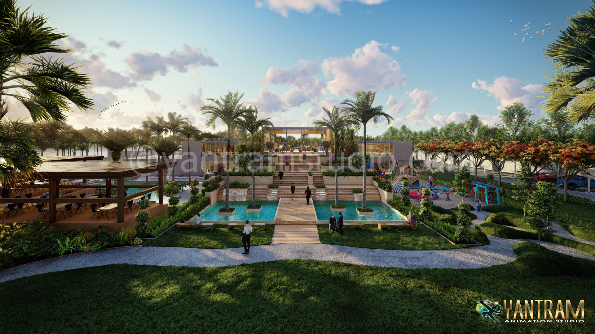 Garden, Club house, hotel lobby, resort, public park, view, Idea, design, 3D Exterior Architectural Visualization, animation, services, 3D, rendering, Garden, commercial, companies, agency, Open restaurant, Pool, Lilodhyan