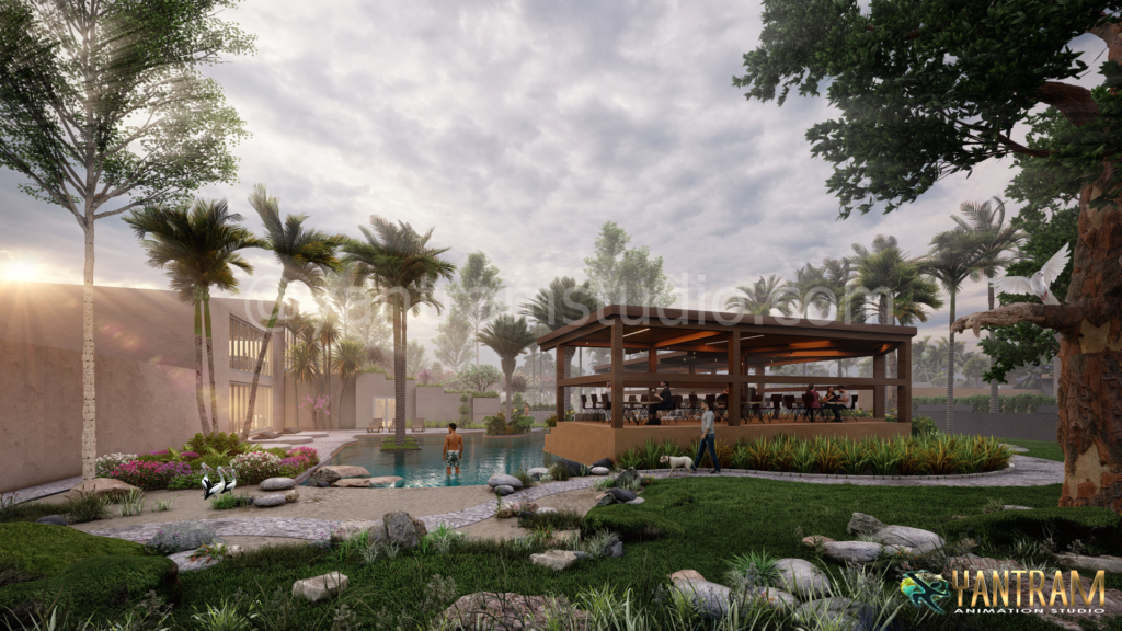 Garden, Club house, hotel, resort, public park, pool, Open restaurant , view, Idea, design, 3D Exterior Architectural Visualization, animation, services, 3D, rendering, Garden, commercial, company, firms, lilodhyan