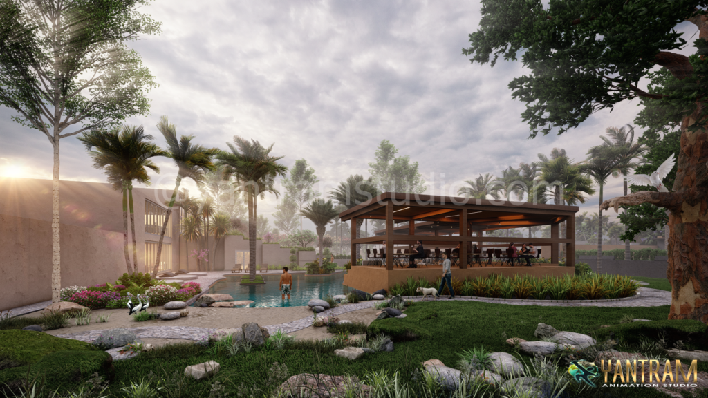 Hotel - Resort exterior Rendering - 3D Pool view design