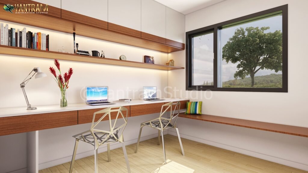 Modern home office interior with wooden desk, minimalist shelves, and large window – photorealistic 3D interior rendering