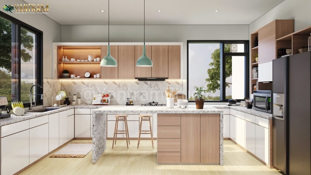 Modern modular kitchen interior with marble island, pendant lights, and wooden cabinets – photorealistic 3D kitchen rendering.