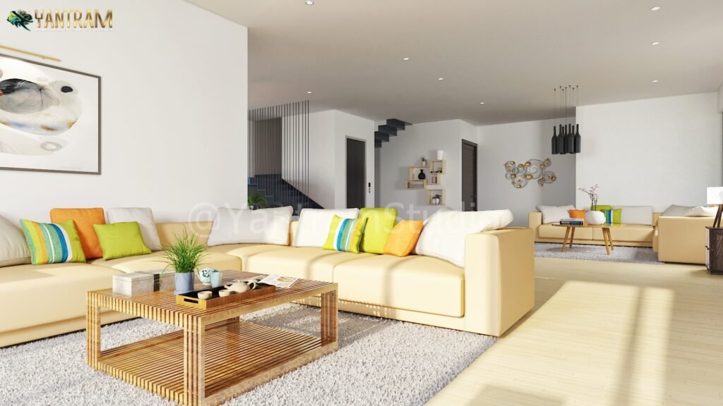 Modern luxury living room interior with large sectional sofa, coffee table, and open-plan design – photorealistic 3D interior rendering.