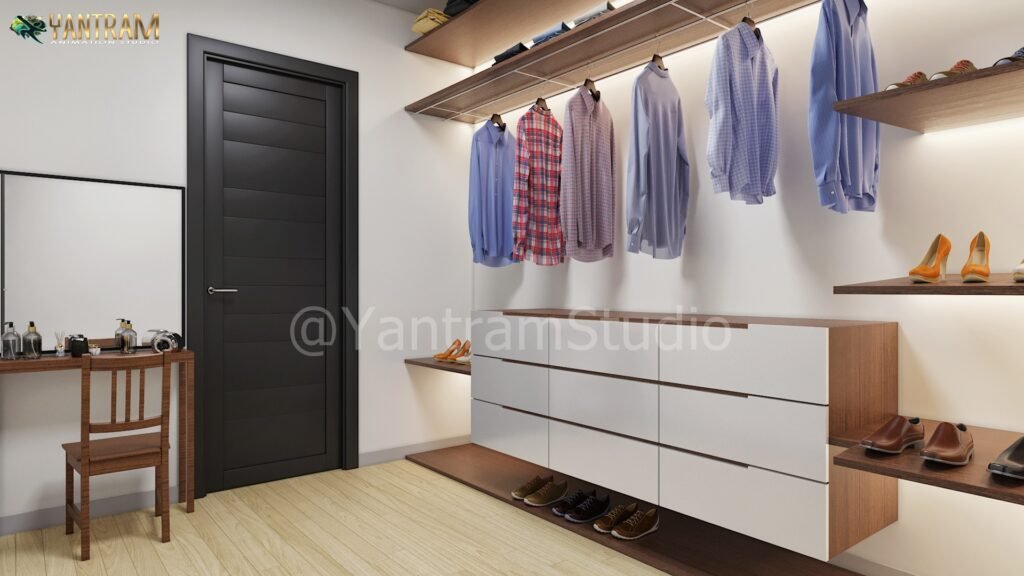 Modern walk-in closet interior with wooden shelves, hanging clothes, and storage drawers – photorealistic 3D interior rendering