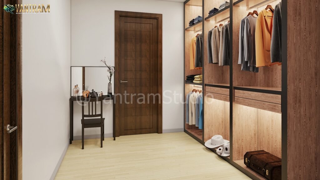 Modern walk-in wardrobe interior with wooden cabinets, hanging clothes, and vanity desk – photorealistic 3D interior rendering