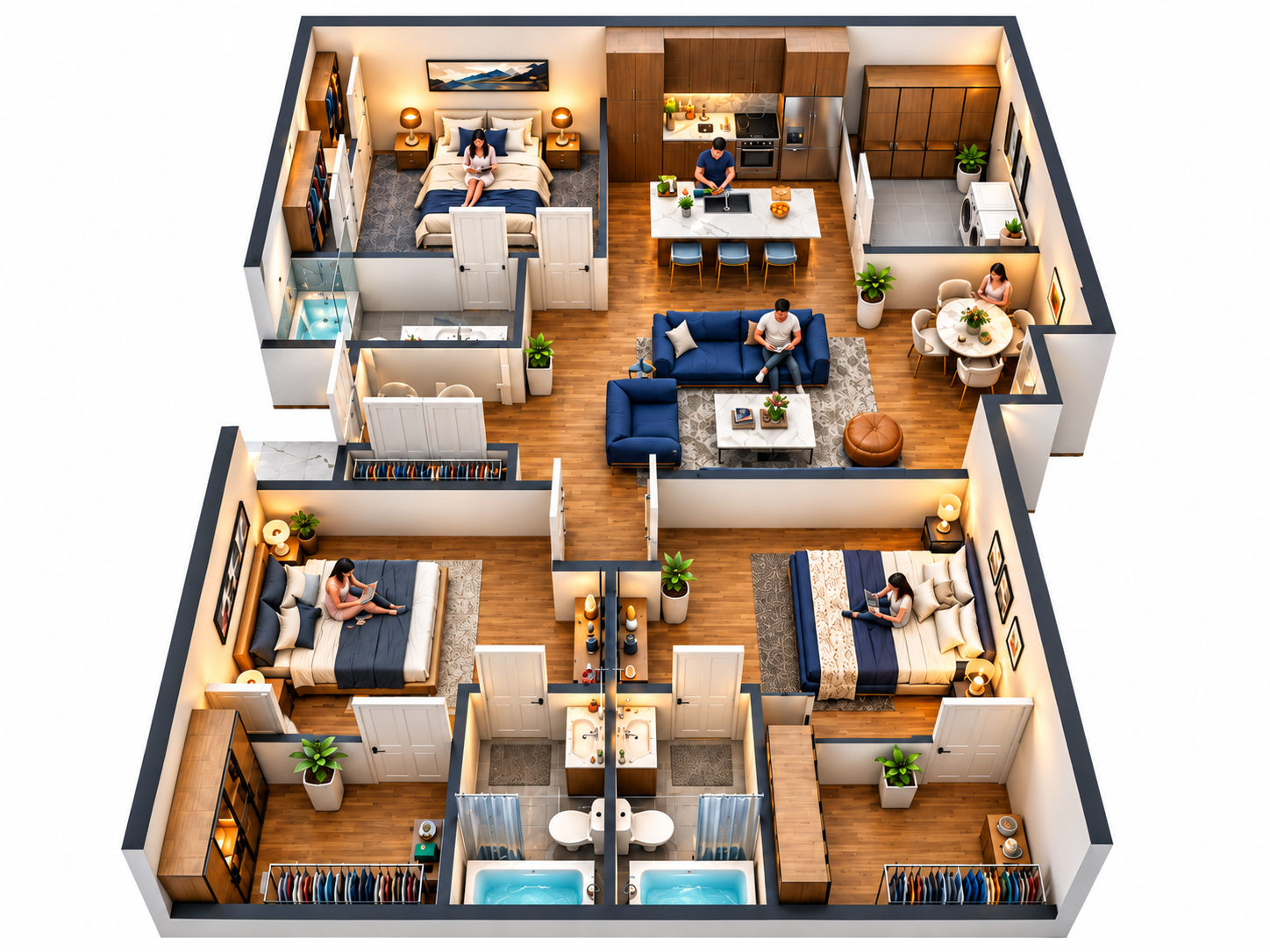Multi-unit apartment floor plan showing upper level with master bedroom, kitchen, living areas, and lower level bedrooms and common spaces
