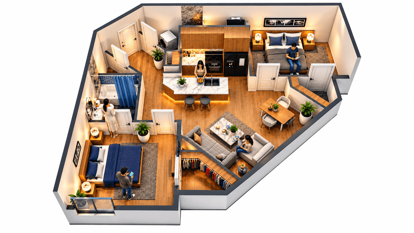 Single-unit apartment floor plan with hexagonal perimeter, two bedrooms, kitchen island, living room, and wood flooring throughout