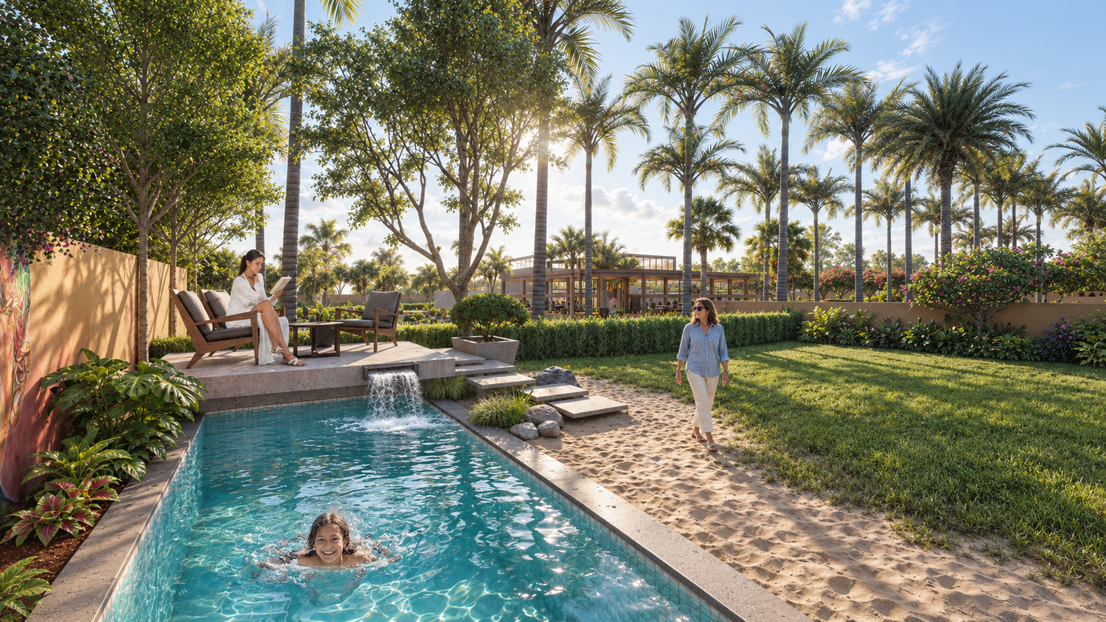 A stunning view of a villa with a pool and lush landscaping. — Architectural Rendering Mexico