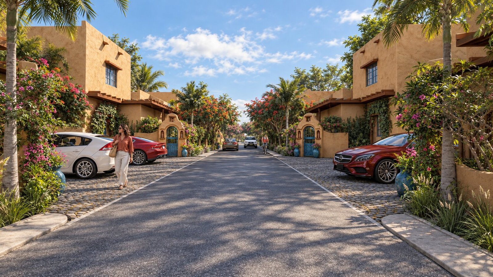 A charming street view of a villa complex with lush greenery.