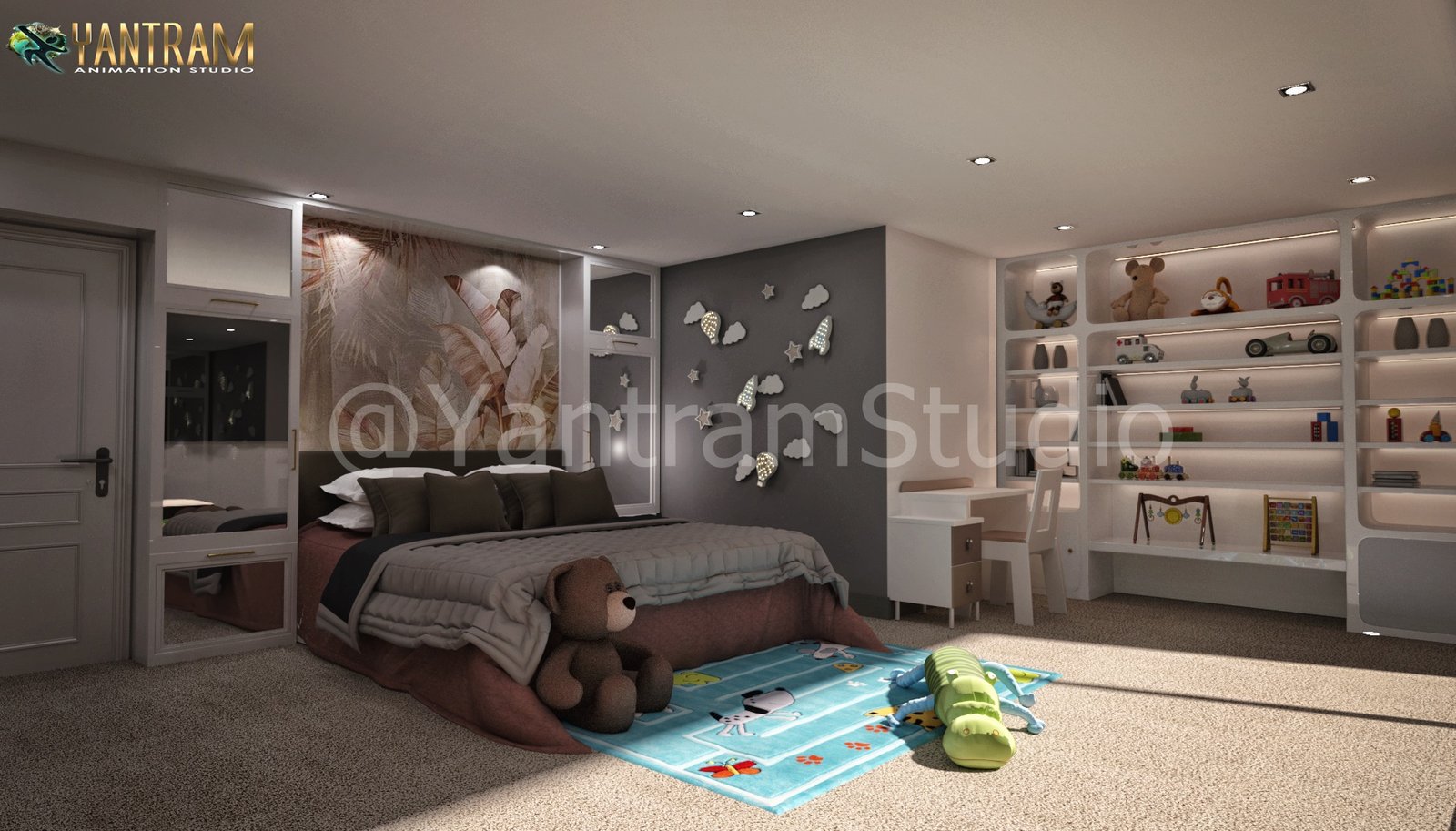 Kids bedroom interior 3D visualization with playful decor, cozy bed, toys, and decorative wall shelves. – 3D rendering by Yantram Studio
