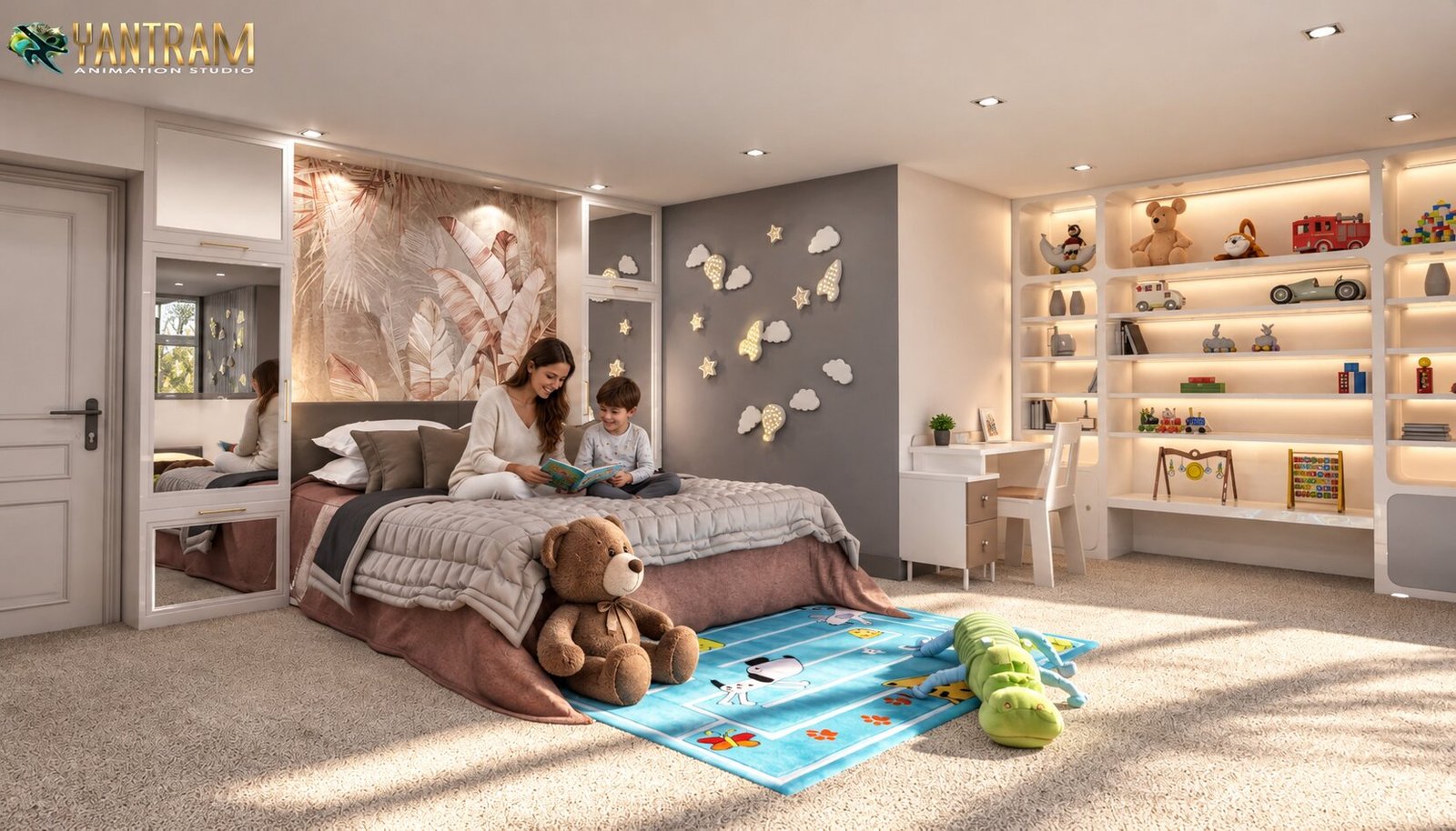 Kids bedroom interior 3D visualization with playful decor, cozy bed, toys, and decorative wall shelves. – 3D rendering by Yantram Studio