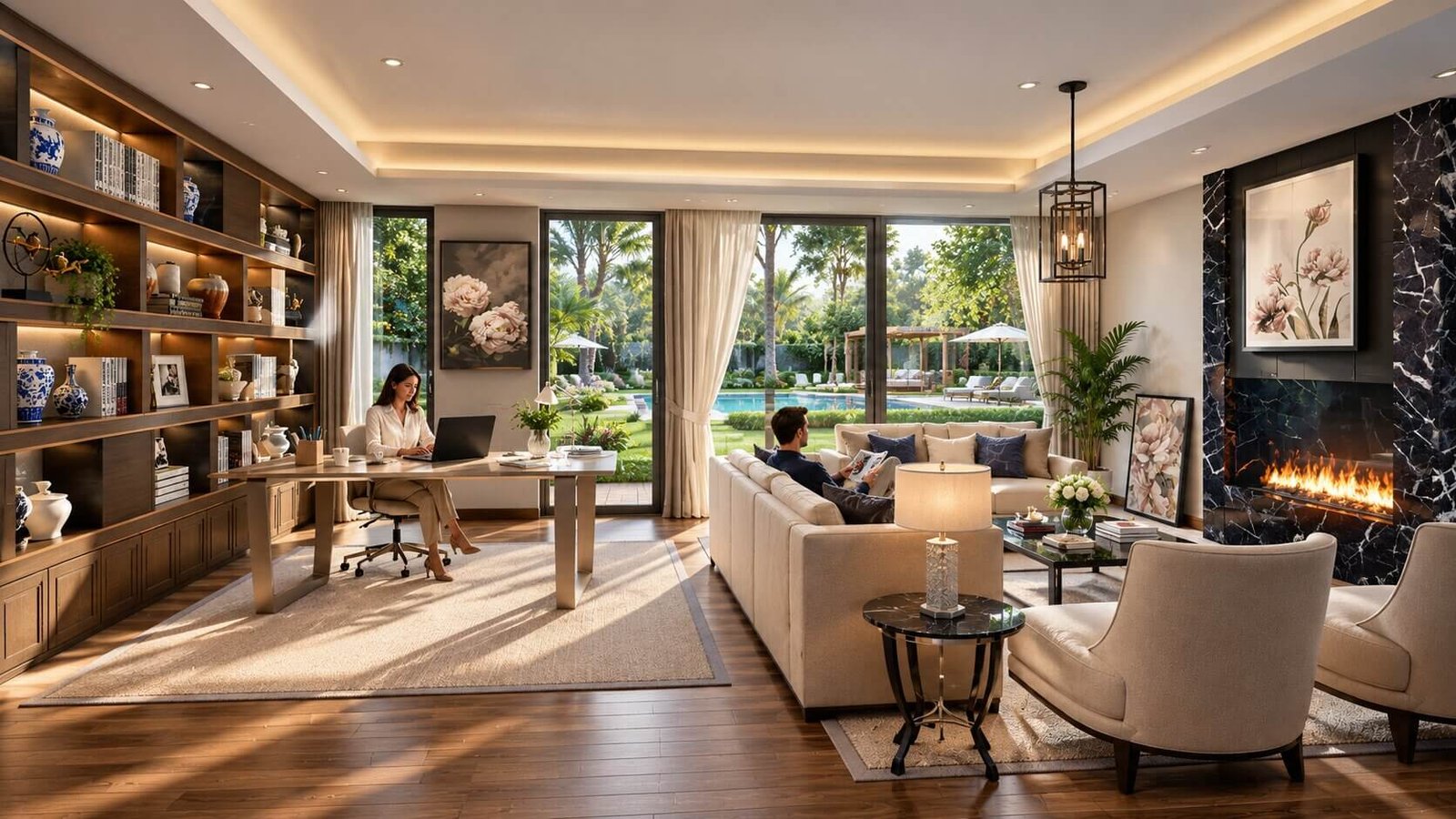 Bright living room with large windows and contemporary decor.