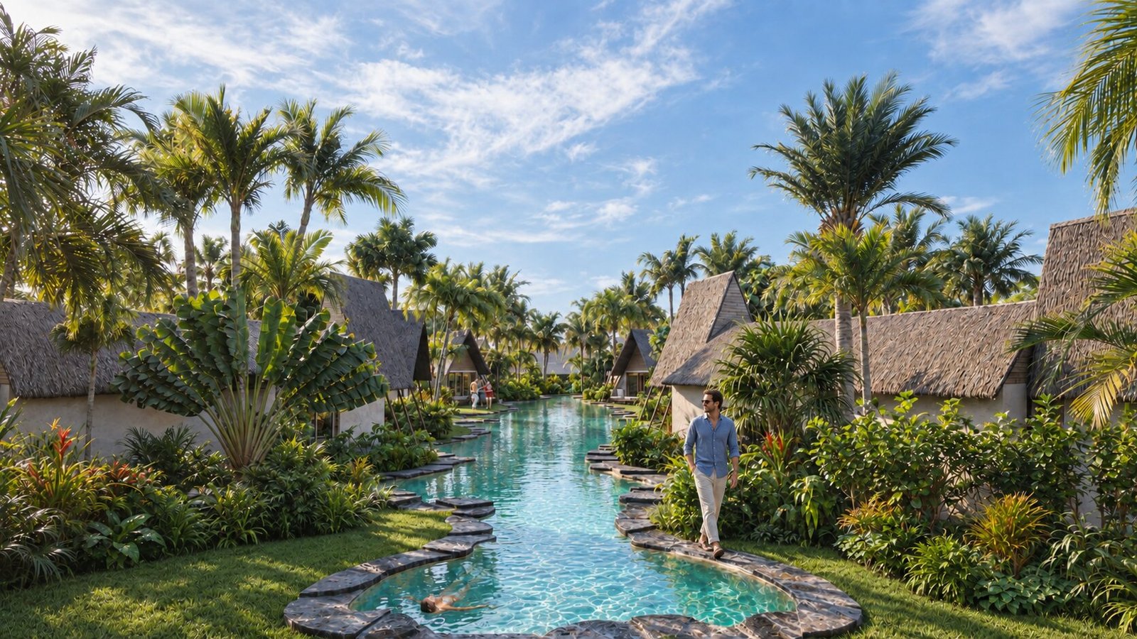 A tranquil setting with a pool surrounded by tropical plants. — Landscape Design Villa Rendering