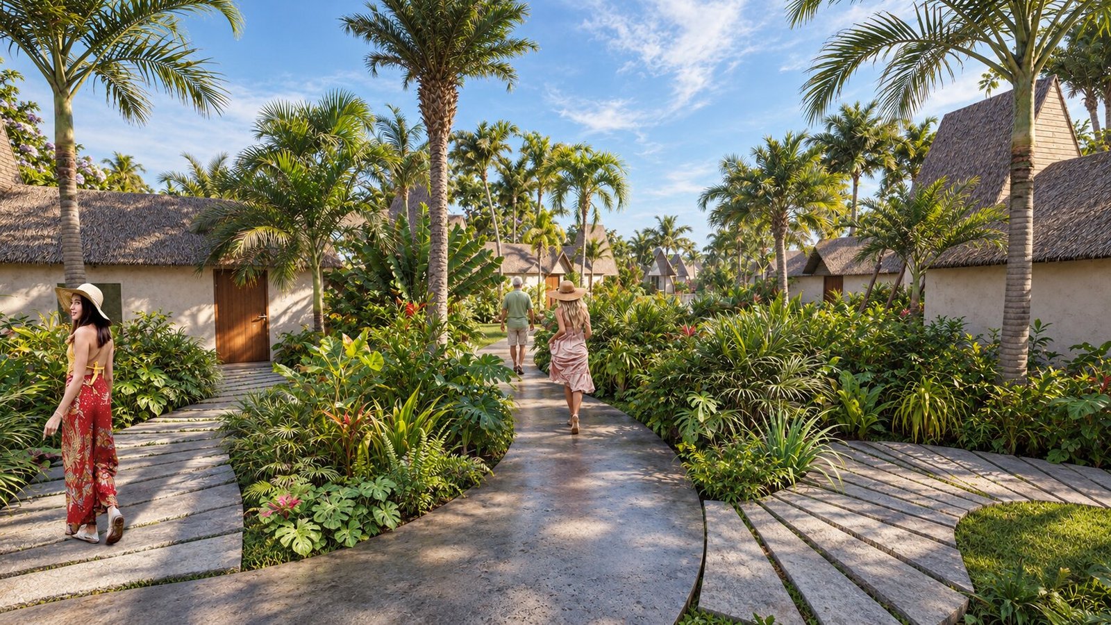 A lush jungle pathway leading to private villas. — Villa 3D Rendering Mexico City