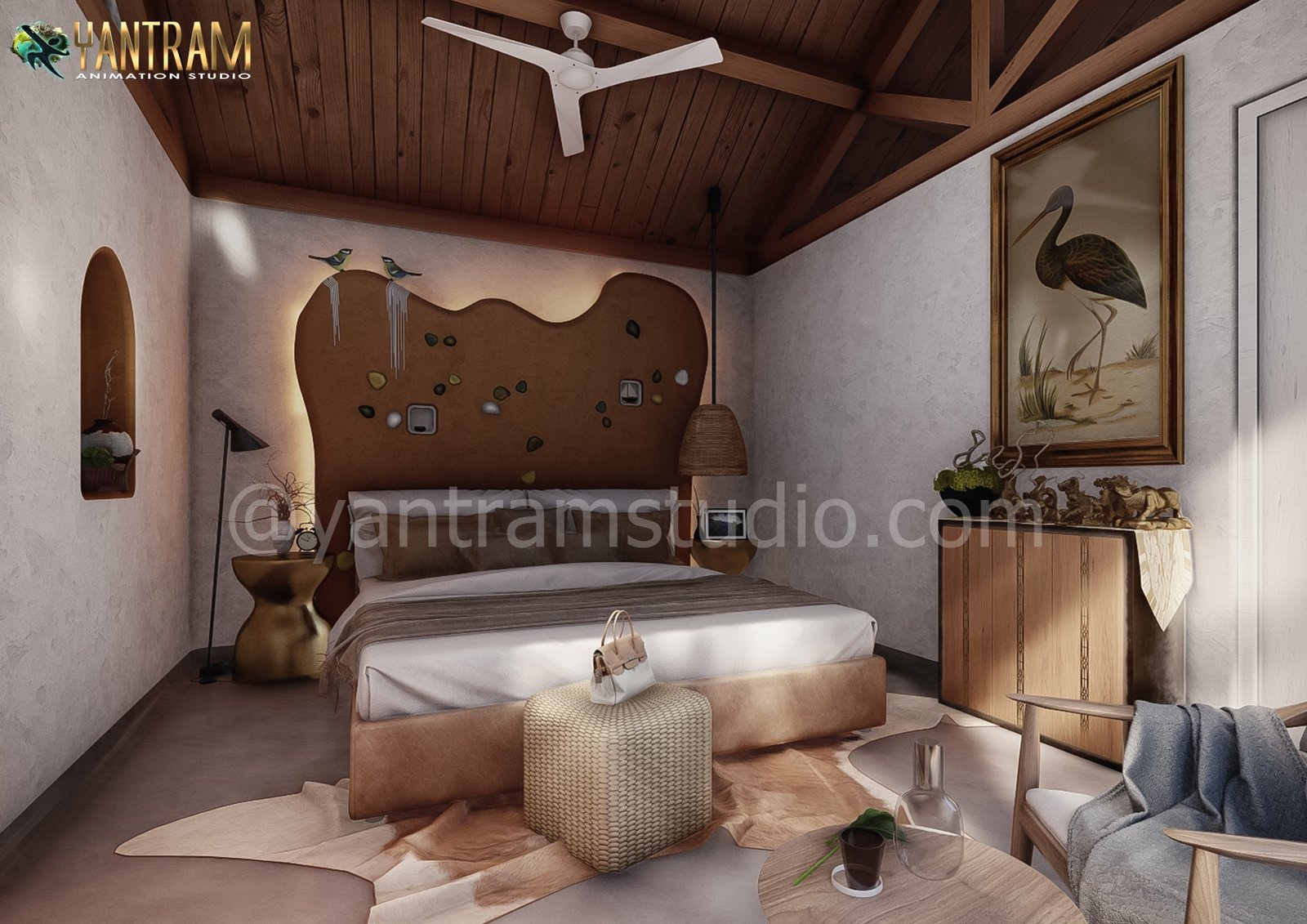 Luxury rustic bedroom interior 3D rendering with wooden ceiling, elegant bed, and warm ambient lighting.– 3D architectural visualization Yantram Studio