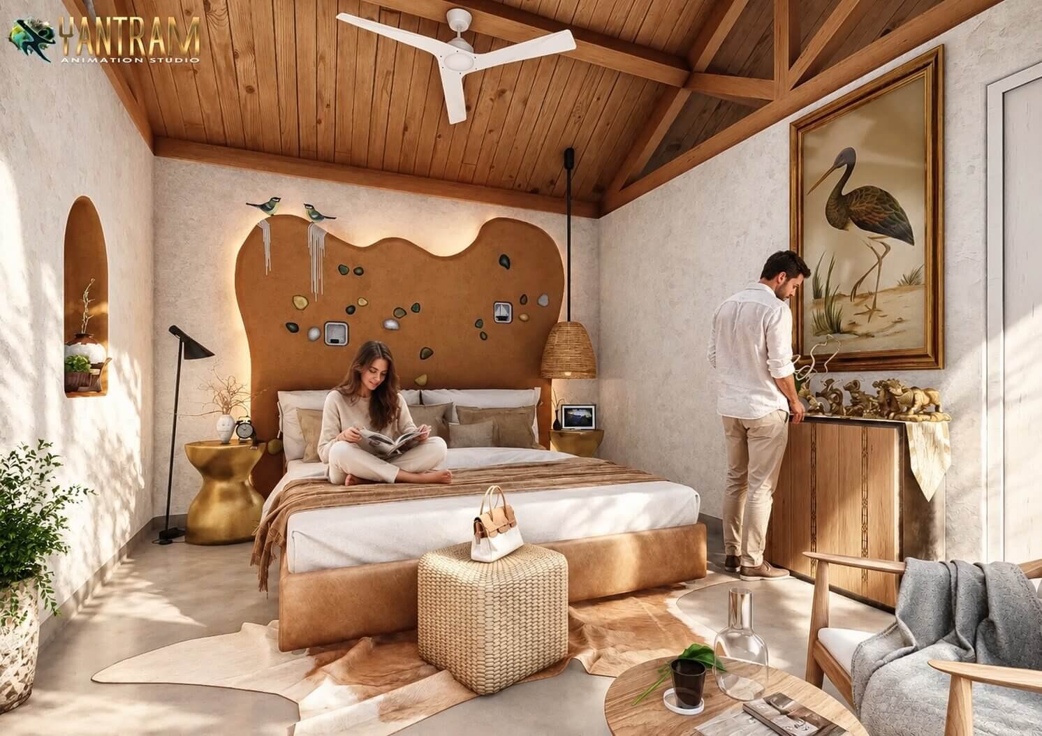 Luxury rustic bedroom interior 3D rendering with wooden ceiling, elegant bed, and warm ambient lighting.– 3D architectural visualization Yantram Studio