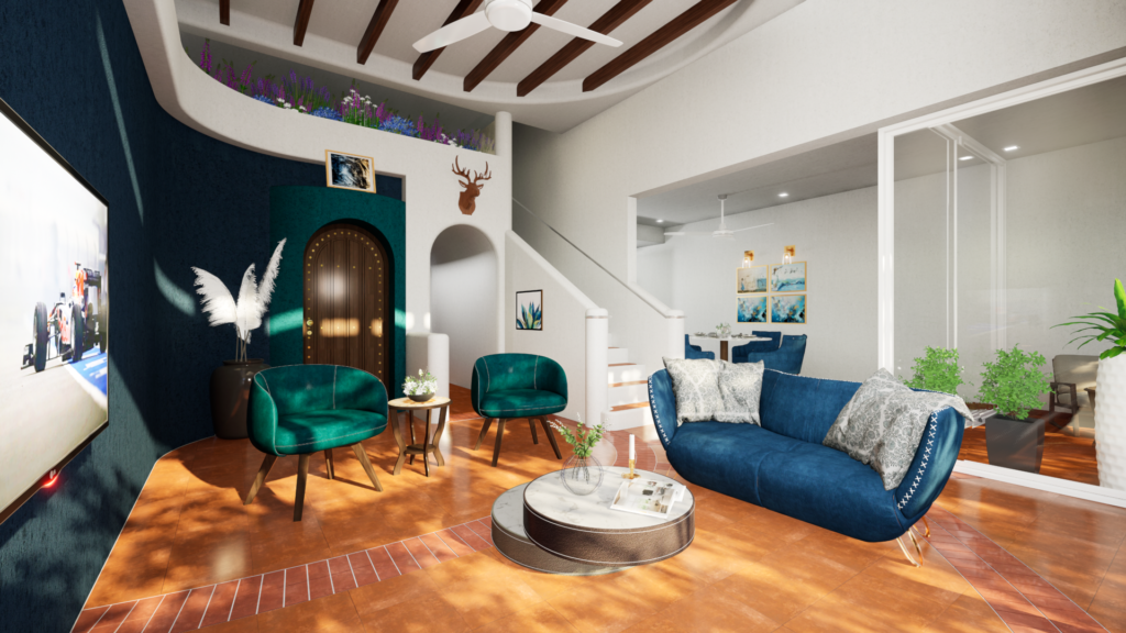 Modern Living Room Interior 3D Rendering with Blue Accent Wall 3D interior rendering of a modern living room with blue accent wall, curved ceiling design, teal sofa, armchairs, indoor plants, and warm wooden flooring.