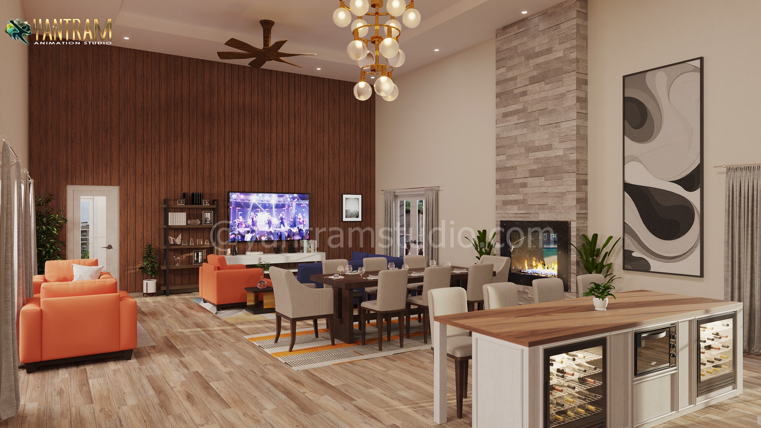 3d interior rendering, 3D, Living, Dining, Interior, residential, view, studio, design, visualization, company, services, living, architectural