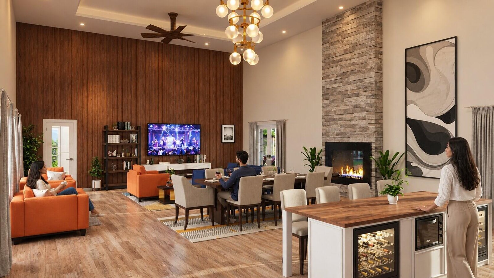 Open-concept modern living and dining room with wood accent wall, fireplace, contemporary furniture, and spacious kitchen island in a luxury home interior.