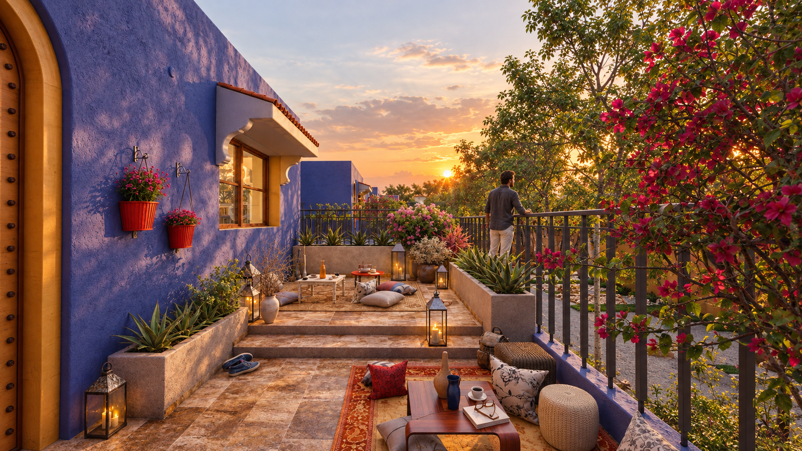 A cozy balcony area with vibrant colors and plants. — Architectural Rendering Mexico