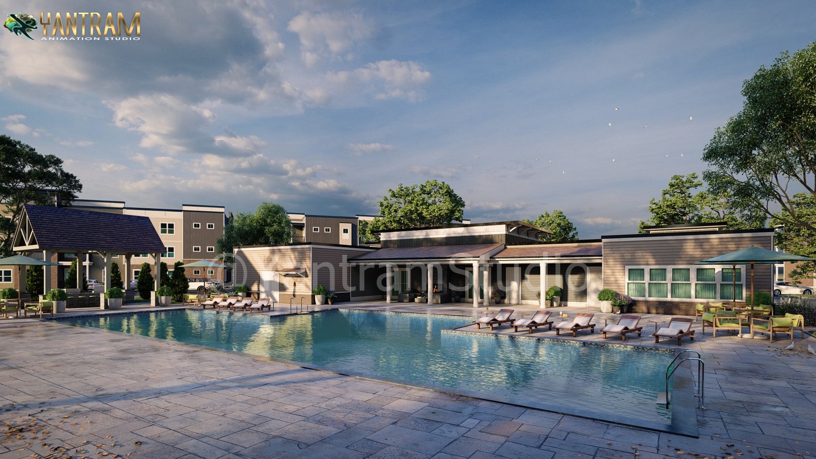 Luxury resort-style swimming pool with modern clubhouse, outdoor lounge seating, landscaped surroundings, and evening sky ambiance. – 3D visualization  by Yantram Studio