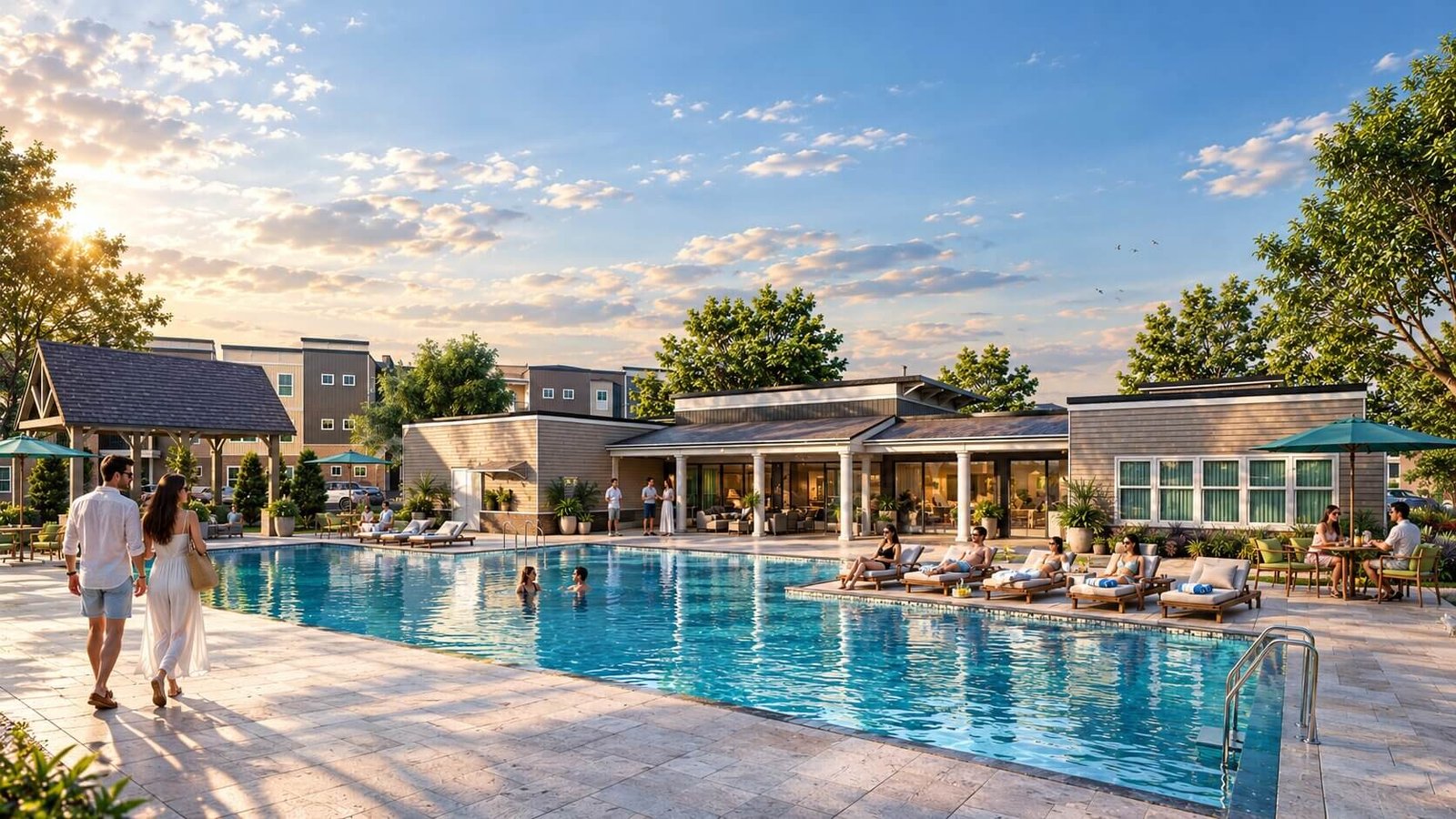 Luxury resort-style swimming pool with modern clubhouse, outdoor lounge seating, landscaped surroundings, and evening sky ambiance. – 3D visualization by Yantram Studio