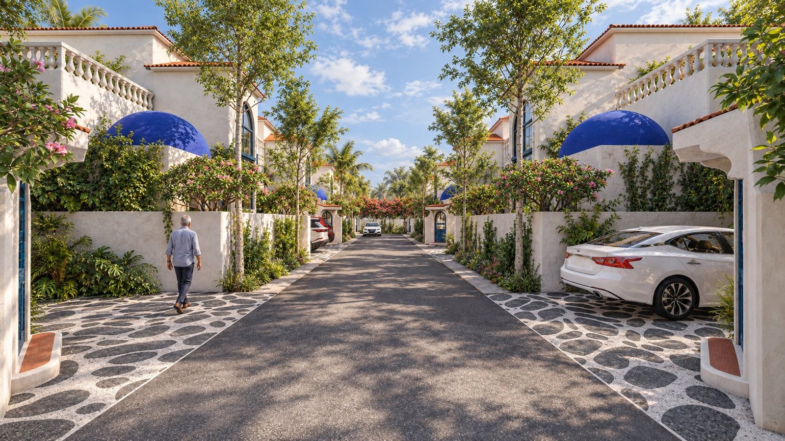 A beautifully designed entrance to a villa community.