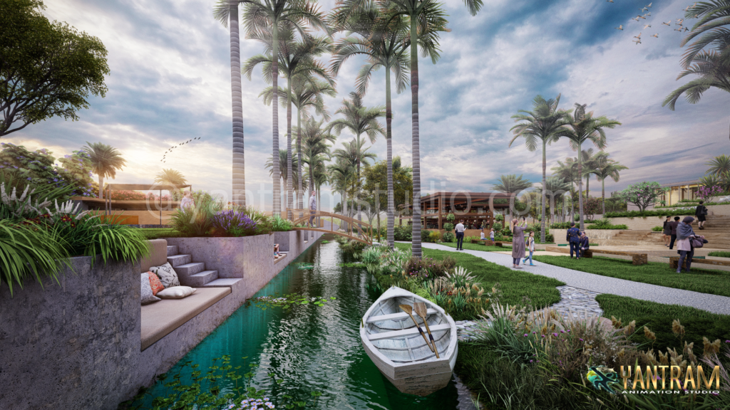 Canal view with lush landscaping and pathways — 3D Interior Visualization Netherlands