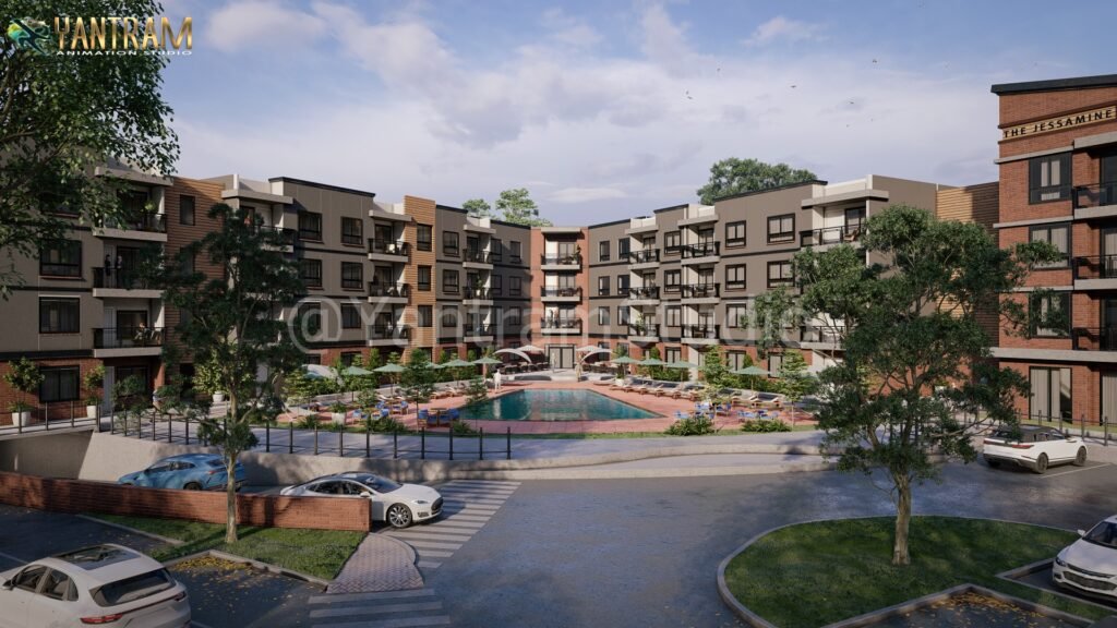 Modern multi-story apartment complex with central landscaped courtyard, swimming pool, balconies, and circular driveway entrance.