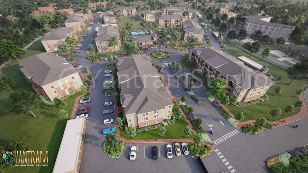 Cinematic aerial residential exterior rendering of a modern apartment community with landscaped roads, parking areas, and central amenities in a U.S. neighborhood