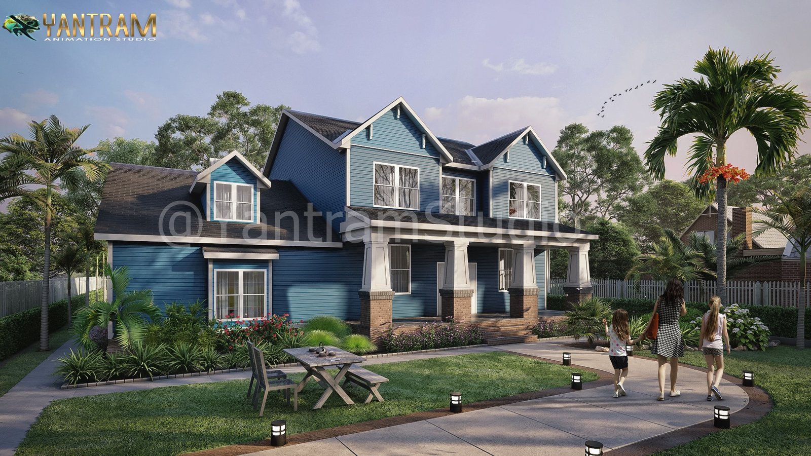 Photorealistic 3D rendering of a modern blue suburban house with landscaped garden, pathway lighting, palm trees, and family walking outside. – 3D visualization by Yantram Studio,