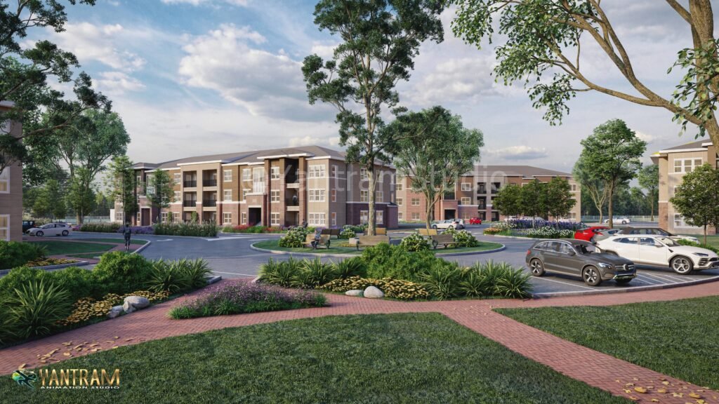 Modern Apartment Community Exterior – 3D Architectural Visualization Modern multi-family residential apartment complex with landscaped gardens, parking area, tree-lined streets, and pedestrian walkways.