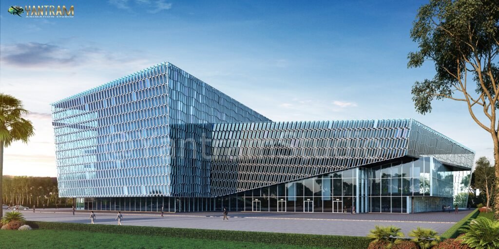 Futuristic Glass Office Building 3D Rendering | Parametric Architecture Visualization Modern glass facade office building with parametric lattice structure – futuristic 3D architectural visualization