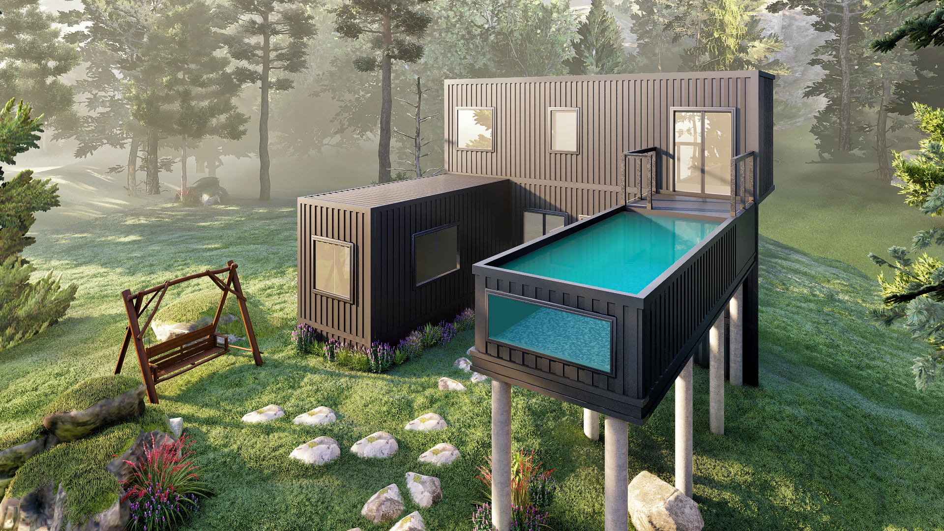 Diving into the Depths of Animation Excellence: Pool, Swing 3D Animation Studio Latest Container house in Austin, Texas