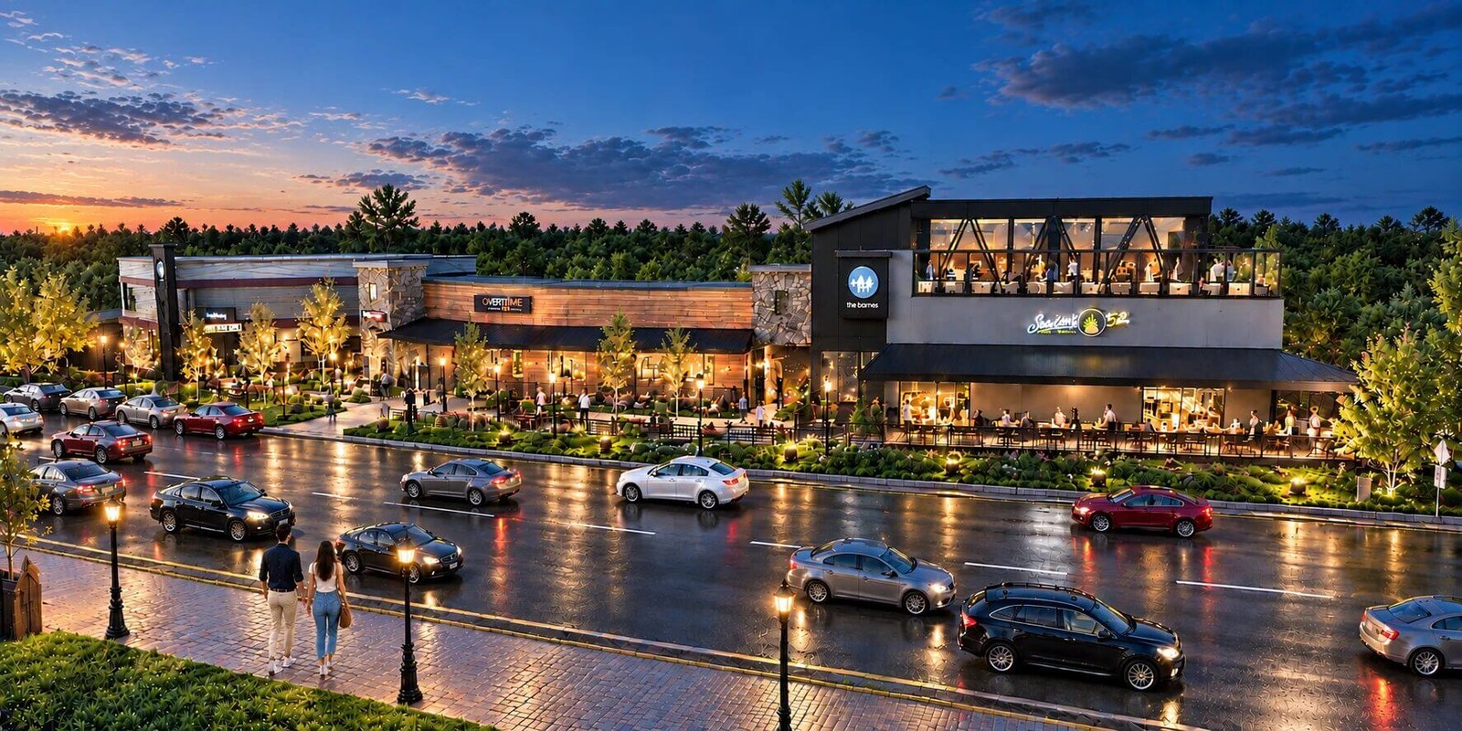 A lively commercial plaza at night, bustling with activity. — Commercial Exterior Visualization San Diego