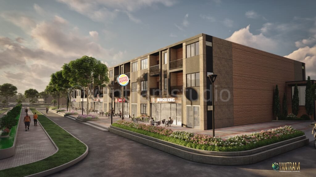 Contemporary Mixed-Use Commercial Building with Street-Level Retail Modern two-story commercial building with wood and glass façade, street-level retail shops, landscaped sidewalks, and pedestrian-friendly urban setting at sunset.