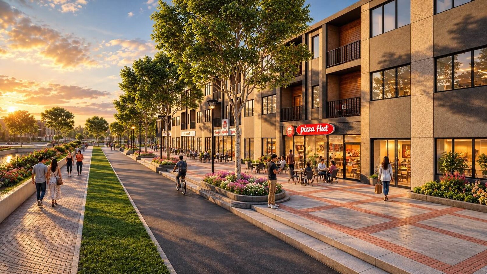 3D street view walkthrough of modern mixed use commercial promenade at sunset — Pool And Landscape Visualization
