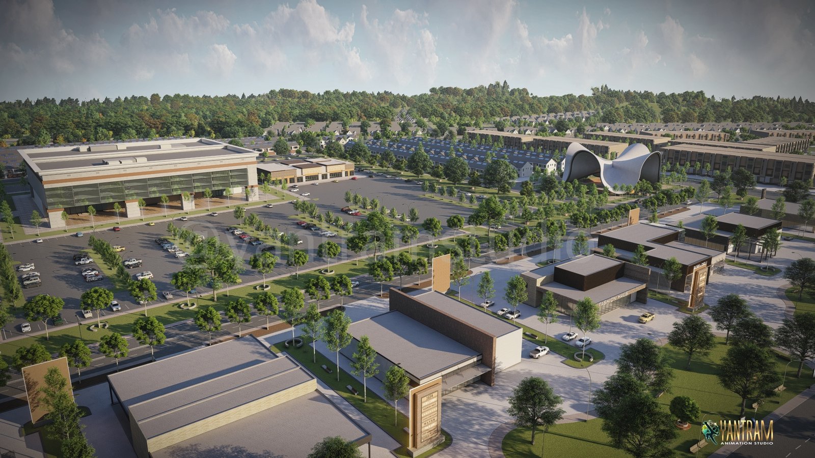 Aerial 3D visualization of a commercial campus featuring modern buildings, structured parking areas, landscaped pathways, and green open spaces.