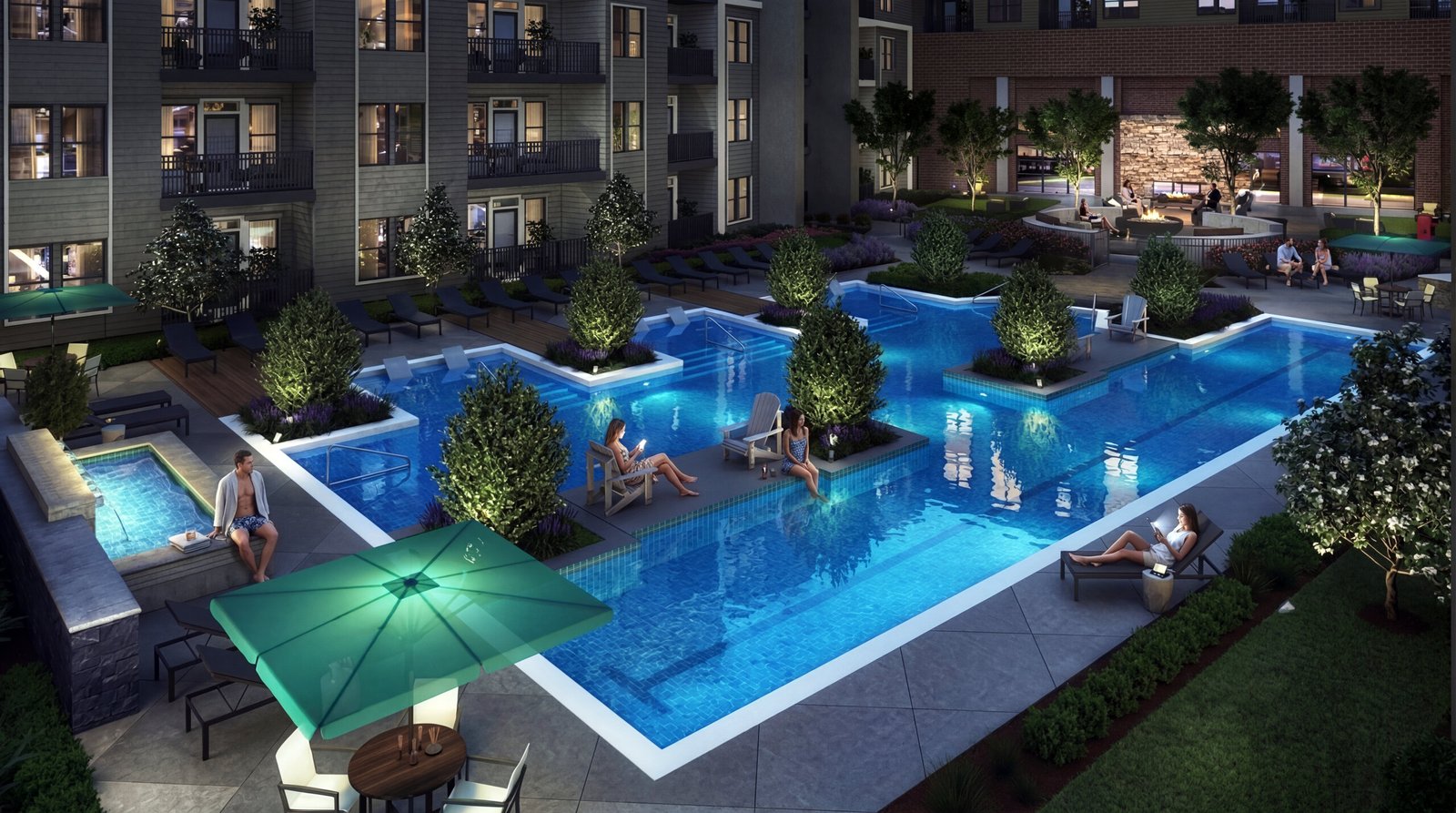 Luxury Apartment Pool Area 3D Night Exterior Visualization Luxury apartment courtyard with illuminated swimming pool at night, 3D architectural visualization.