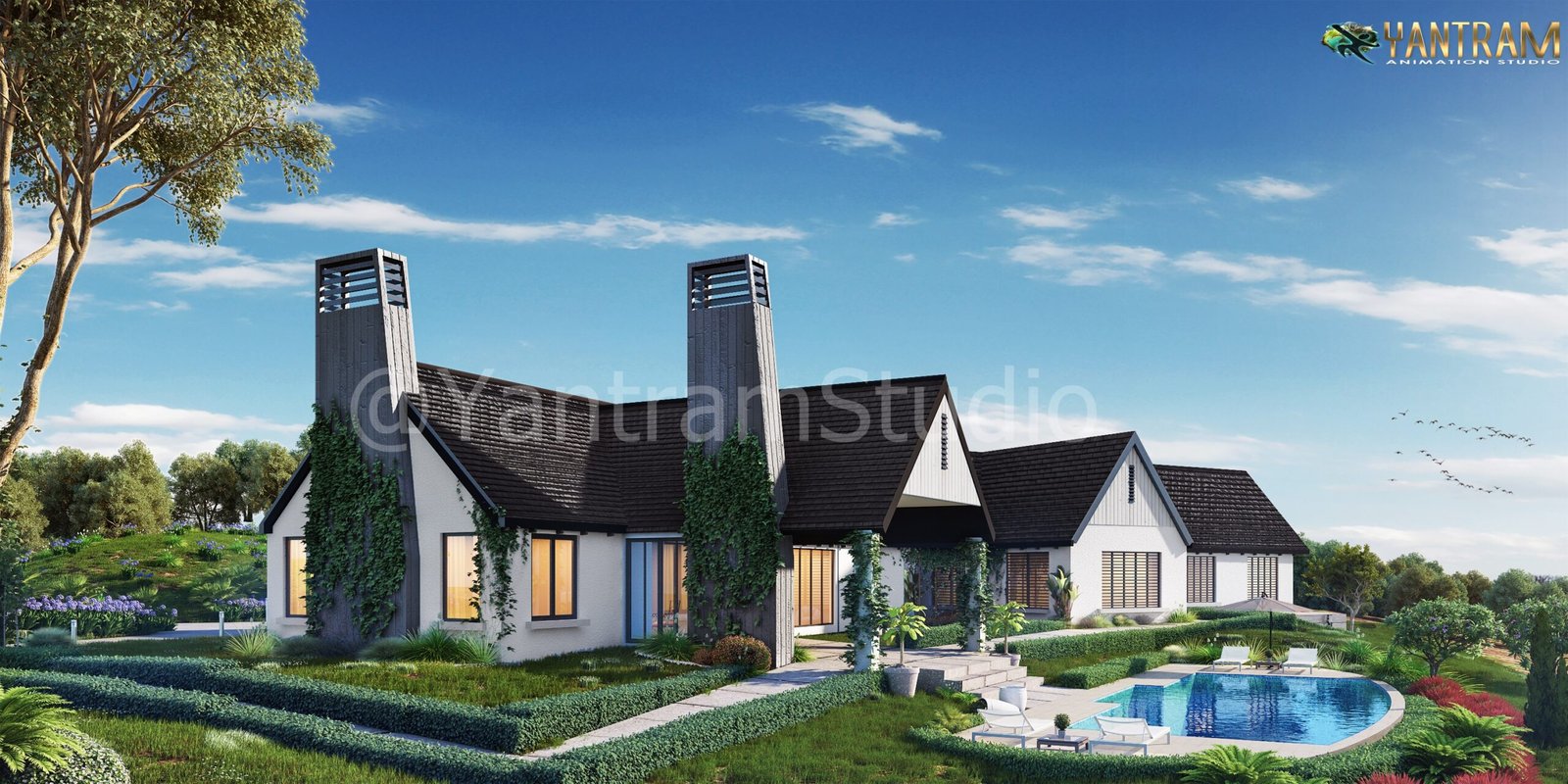 Photorealistic 3D rendering of a luxury countryside villa with pitched roofs, stone chimneys, landscaped garden, and private swimming pool by Yantram Studio.