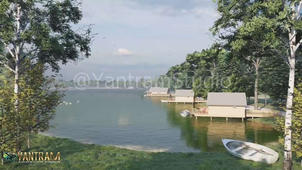 Lakefront wooden cabins with boat and forest landscape – photorealistic 3D architectural rendering by Yantram Studio
