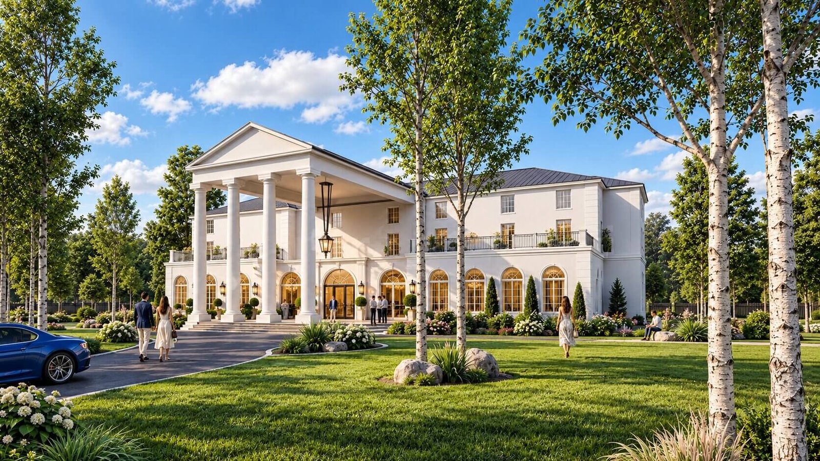 Luxury mansion exterior 3D rendering with white classical architecture, large columns, landscaped lawn, and trees.