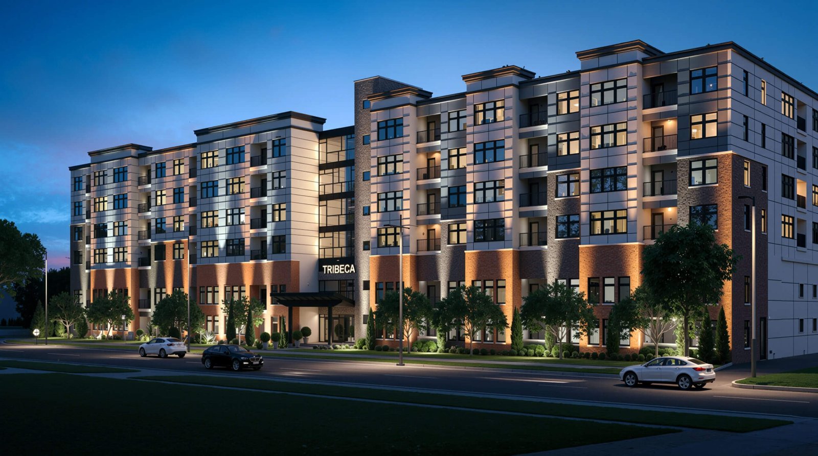 Modern Residential Apartment 3D Exterior Night Visualization Modern apartment building exterior night view with warm lighting, realistic 3D architectural visualization.