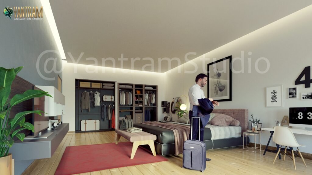 Modern bedroom interior visualization with open wardrobe, contemporary furniture, soft ceiling lighting, and a person standing with luggage — photorealistic interior 3D rendering.