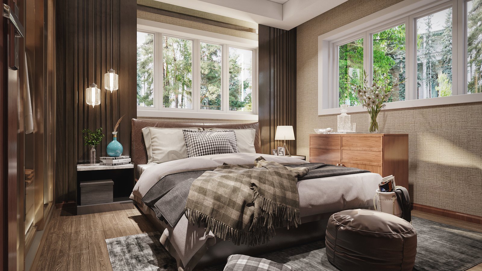 Luxury Bedroom Interior Visualization | 3D Interior Design Studio Rendering Luxury bedroom interior 3D rendering with warm lighting, wooden panel wall, modern furniture, and large window view