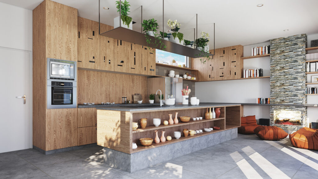 3d interior visualization, modular kitchen, residential interior design