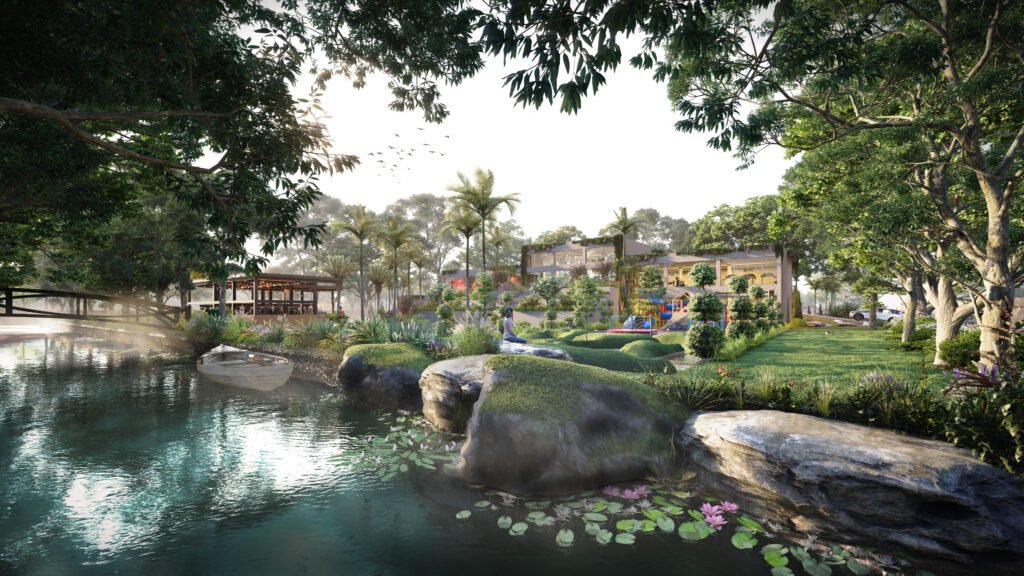 Landscape Garden Design 3D Rendering Visualization Landscape architecture 3D rendering with lake, rocks, garden pathways, and lush greenery.