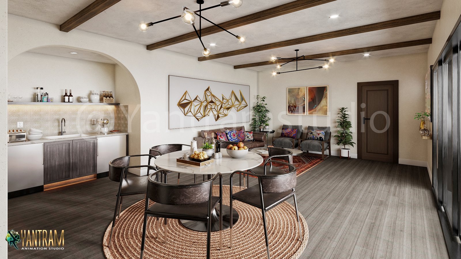 Modern dining and lounge interior 3D rendering with wooden ceiling beams, round dining table, kitchen counter, and contemporary decor.