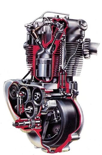 Detailed motorcycle engine in red and black showing internal combustion components and mechanical assembly. — Production Process Documentation
